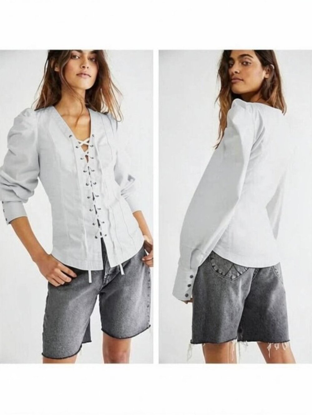 Free People Gardenia Lace Up Front Puff Sleeve Denim Top Indigo XS